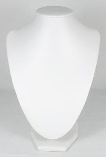Necklace display. 13-1/2" H/9" W. White faux leather covered.