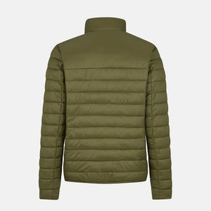 Save The Duck Men's Morgan Jacket in earth green side view of a man waering the jacket and black pants