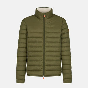 Save The Duck Men's Morgan Jacket in earth green on a man with black pants