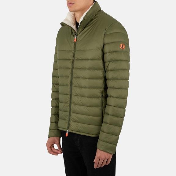 Save The Duck Men's Morgan Jacket in Earth Green with cream faux fur lining.