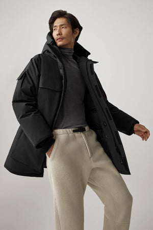 Expedition parka unzipped on model