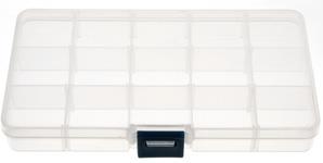 Tackle stowaway box. 15 adjustible compartments. Clear plastic.