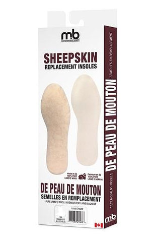 white and burgundy box for M&B sheepskin insoles.