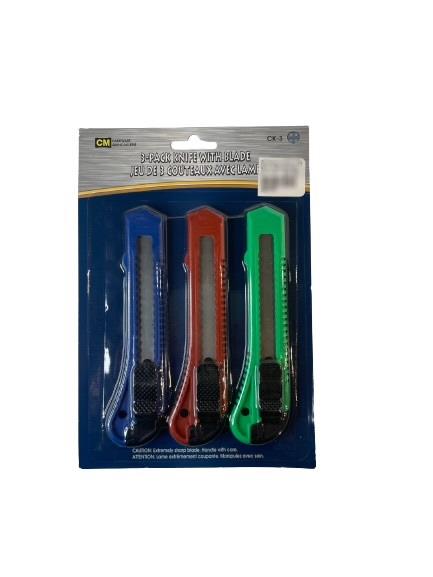 A package of 3 CM hardware snap-blade utility knives. One each in green, red, and blue.