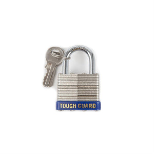Steel padlock against white background, with two keys attached to shackle