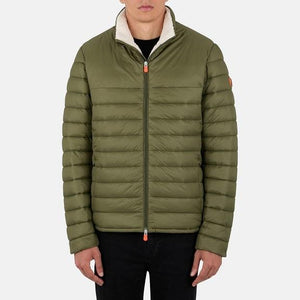 Save The Duck Men's Morgan Jacket in Earth Green with cream faux fur lining.