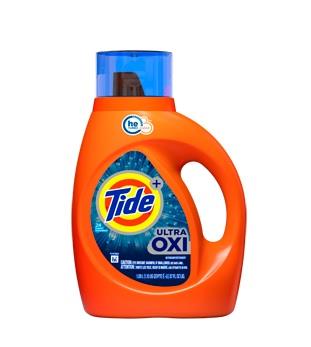 TIDE +Ultra OXI. 109L bottle red with blue label.