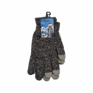 A pair of grey knit touch screen gloves.