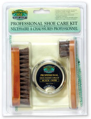M&B Travel shoe polish kit, 4 pieces, brown polish.