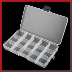 Tackle stowaway box. 15 adjustible compartments. Clear plastic.