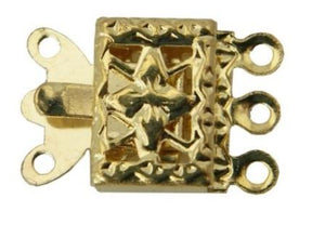 WOT findings. 3-strand necklace clasp. Square. Gold coloured, 12 pack.