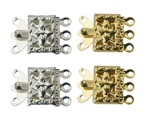 WOT findings. 3-Strand necklace clasp. Square. 4 pack, (2 x silver coloured/2 x gold coloured).